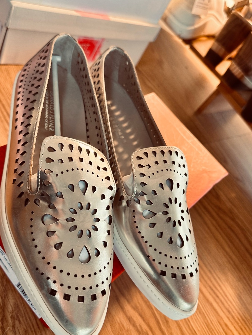 Donald J. Pliner, Erin-38, Platino Mirror Metallic Laser-Cut Leather Loafers, 11